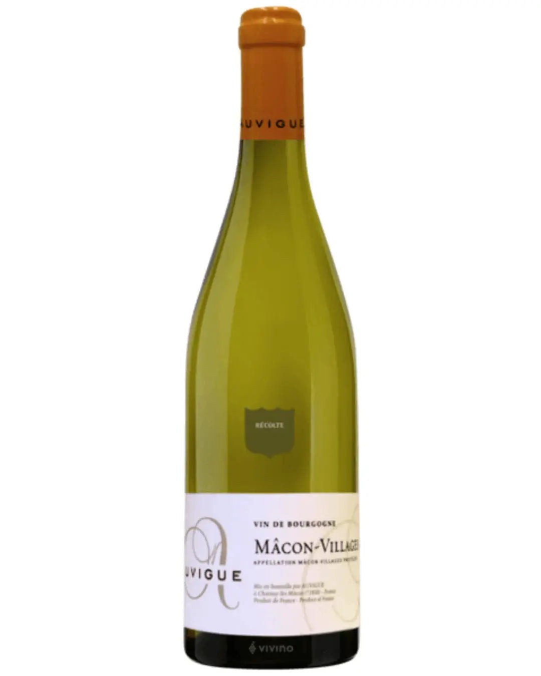 Auvigue Macon Villages Le Moulin Du Pont wine bottle features a tall, slender green glass design, a cork top, and a white label with elegant black text and a gray emblem.