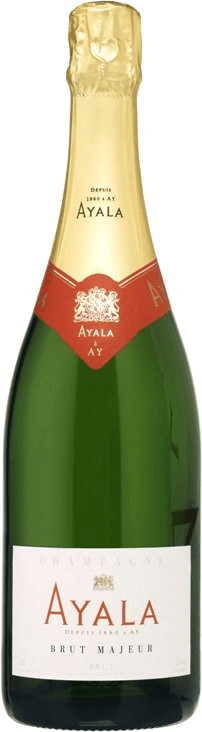 Green glass bottle of Ayala Brut Majeur champagne, featuring a gold and red label with "Ayala" in bold letters and a gold foil cap.