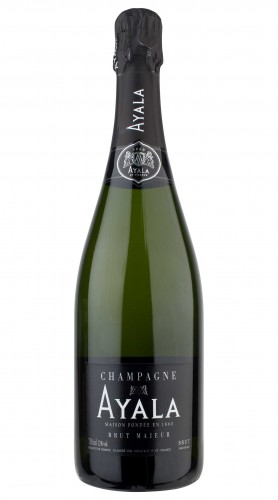 Clear glass half bottle of Ayala Brut Majeur Champagne, 37.5 cl, featuring a black foil cap, a sleek black label with white text, and a classic shape.