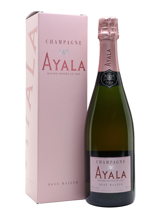 A bottle of Ayala Rosé Majeur Champagne in a clear glass with a pink label, accompanied by a matching pink gift box featuring the brand name prominently displayed.