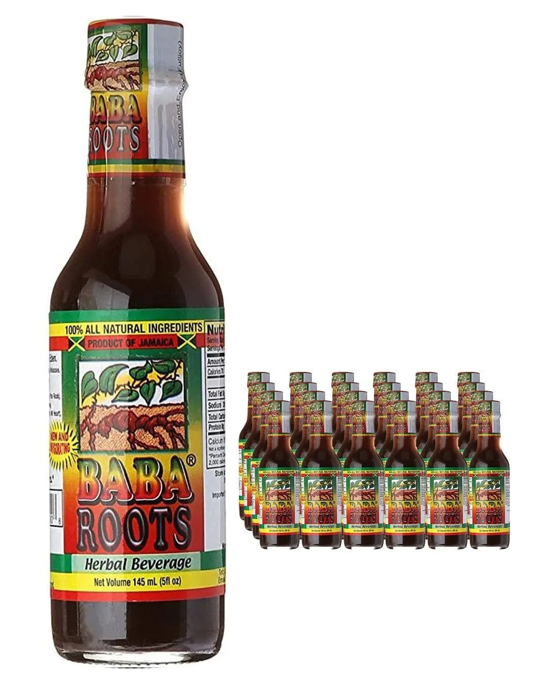 Baba Roots Jamaican Tonic Wine multipack featuring 24 small brown glass bottles, each labeled with vibrant green, red, and yellow graphics, highlighting its herbal beverage nature.