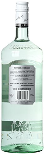 Clear glass bottle of Bacardi Carta Blanca Rum, 1.5 L, featuring a white label with a bat logo, and a silver screw cap, showcasing a light green liquid inside.
