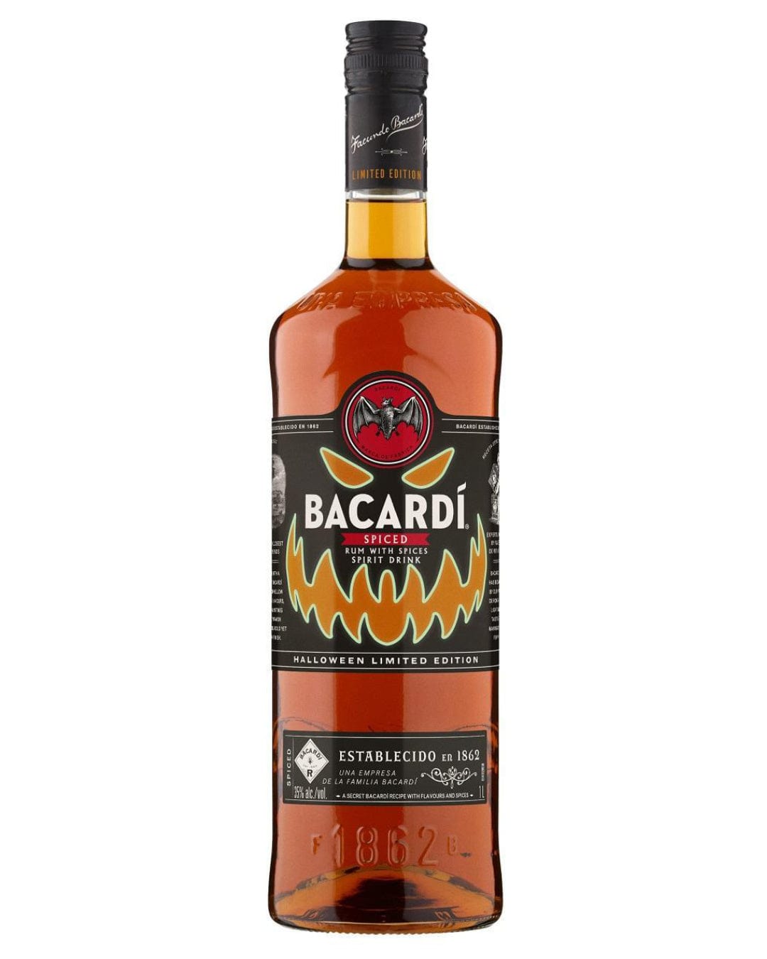 Bacardi Limited Edition Halloween Glow in the Dark Spiced Rum bottle features a vibrant orange and black design with a spooky pumpkin graphic and a sleek glass body.
