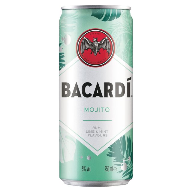 Bacardi Mojito premixed cocktail can, 250 ml, featuring a mint green and silver design with a red logo, tropical leaf patterns, and text highlighting rum, lime, and mint flavors.