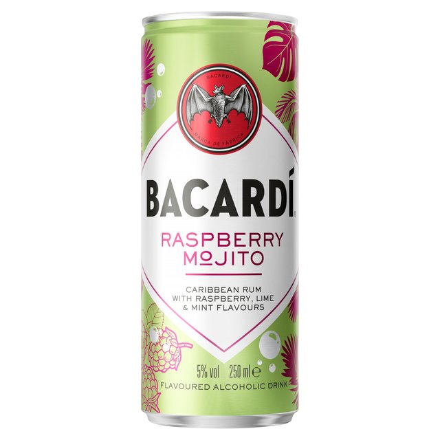 Bacardi Raspberry Mojito premixed can multipack featuring vibrant green design, with a red logo, tropical graphics, and details highlighting raspberry, lime, and mint flavors.