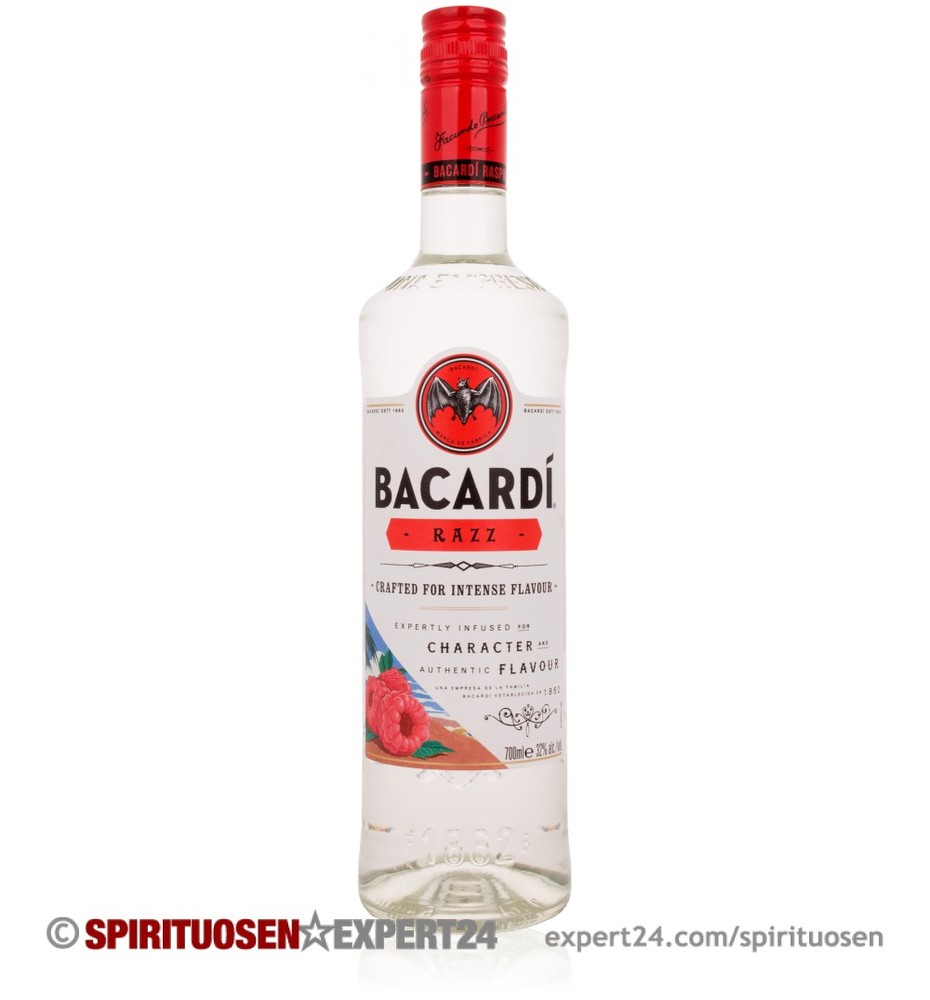 Clear glass bottle of Bacardi Raspberry Rum with a red cap, featuring a vibrant label with the Bacardi logo and floral design, containing 70 cl of spirit drink.