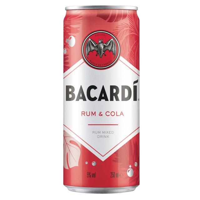 Bacardi Rum & Cola premixed cocktail can, featuring a red and silver design with the Bacardi logo, 250 ml size, and a tropical leaf pattern on the background.