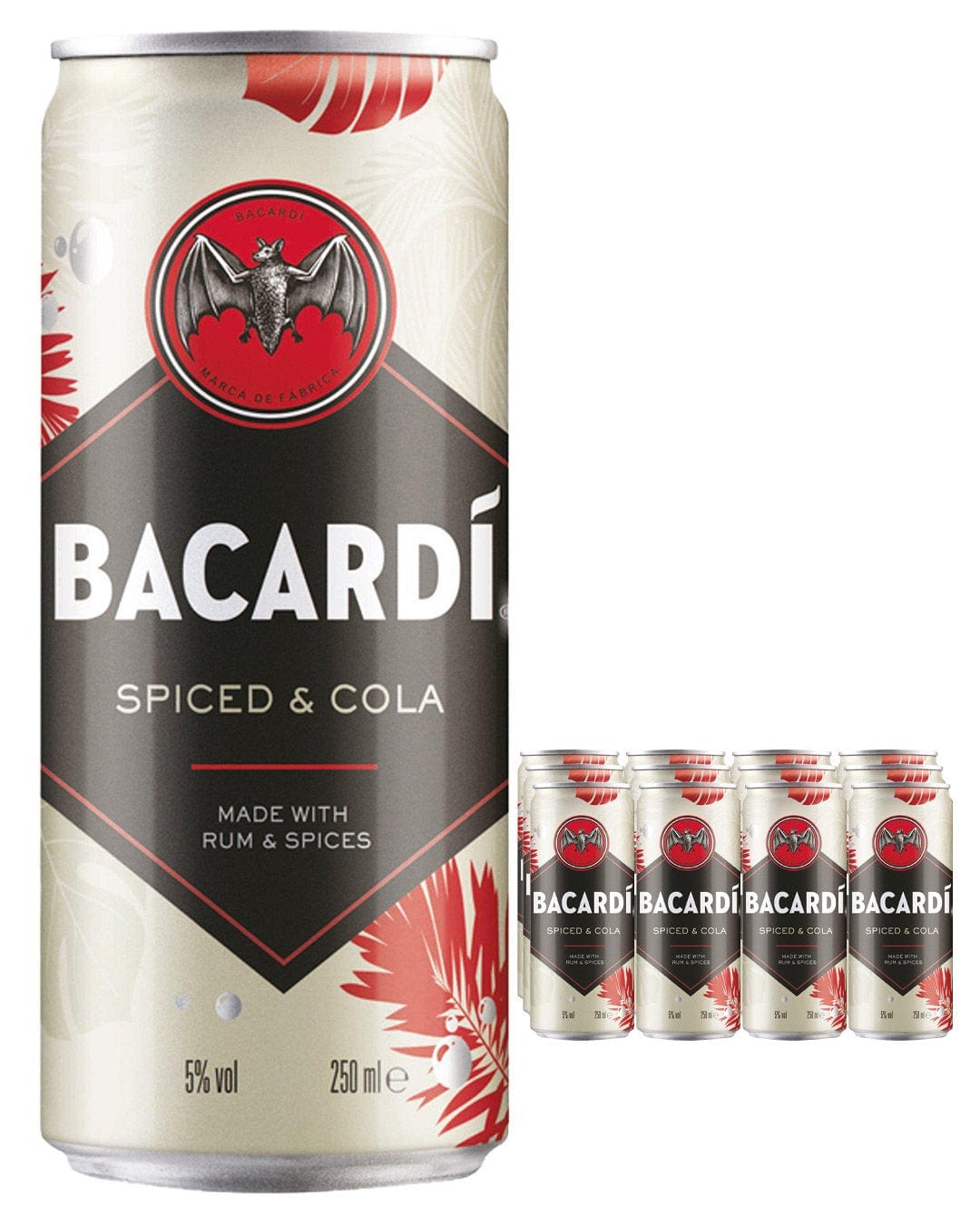 Bacardi Spiced Rum & Cola multipack featuring four silver cans with red and black accents, displaying the Bacardi logo and tropical design, each containing 250 ml of beverage.