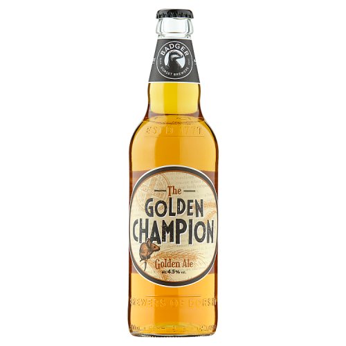 Golden amber bottle of Badger the Golden Champion Golden Ale, featuring a vintage-style label with a brown and gold color scheme and a prominent badger illustration.
