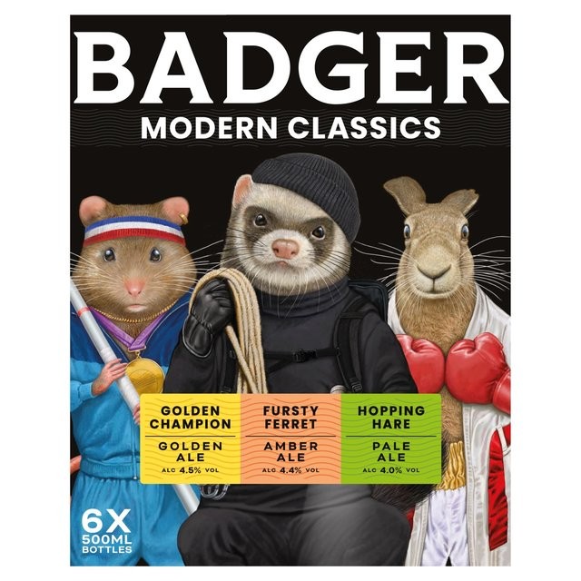 Six 500ml bottles of Badger Modern Classics Beer multipack featuring illustrated animals: a badger in a black beanie, a ferret in sports attire, and a hare in boxing gloves.