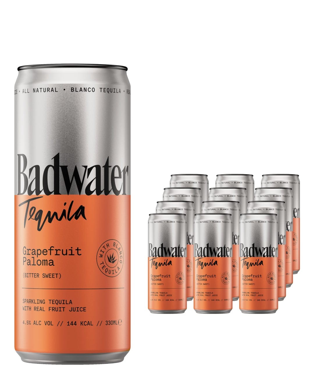 Badwater Tequila Grapefruit Paloma multipack featuring a silver can with orange accents, showcasing 12 cans of sparkling tequila with real fruit juice, each 330 ml.