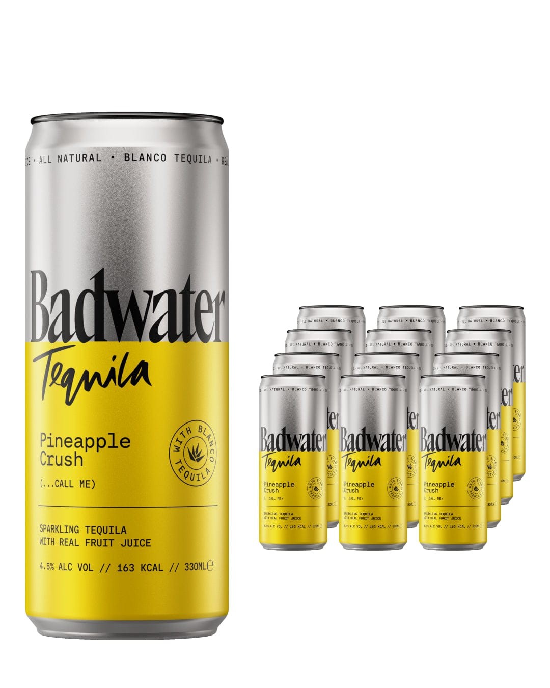 Badwater Tequila Pineapple Crush multipack featuring twelve 330 ml cans, silver with bright yellow accents, labeled with "Badwater Tequila" and "Pineapple Crush."