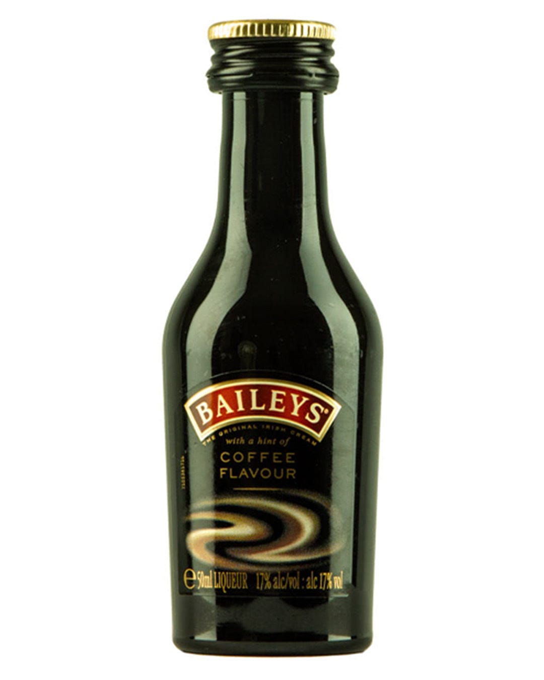 Small black glass bottle of Baileys Coffee Liqueur, 5 cl, featuring a gold screw cap and a label with red and white text stating "Baileys" and "Coffee Flavour."