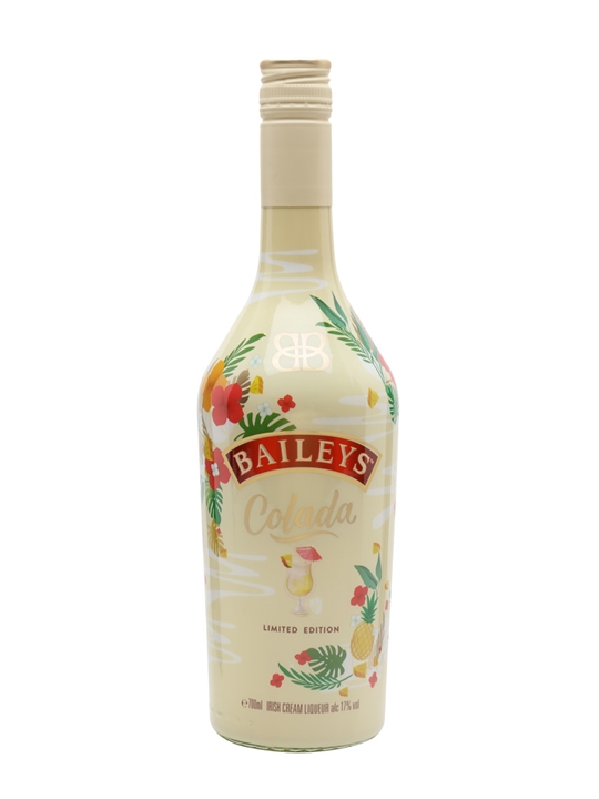 Baileys Colada Irish Cream Liqueur bottle, 70 cl, features a light yellow color with tropical floral designs and green leaves, topped with a beige screw cap.