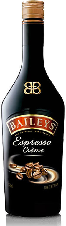 Baileys Espresso Cream Liqueur in a sleek black bottle with a gold cap, featuring a prominent red and gold label and coffee bean imagery on a swirled cream background.