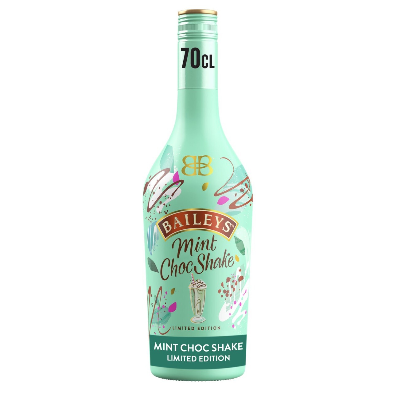 Light green bottle of Baileys Mint Choc Shake Cream Liqueur, 70 cl, featuring colorful decorative elements and a prominent label with "LIMITED EDITION" text.
