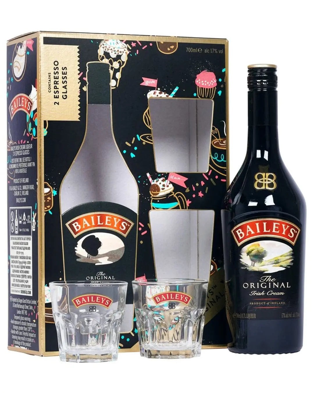 Baileys Original Irish Cream Liqueur gift pack featuring a 700ml bottle and two clear espresso glasses, packaged in a colorful box with festive designs.
