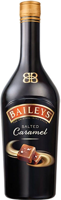 Baileys Salted Caramel Irish Cream Liqueur in a sleek black bottle with a gold screw cap, featuring a gold logo and caramel cube graphics on the label.