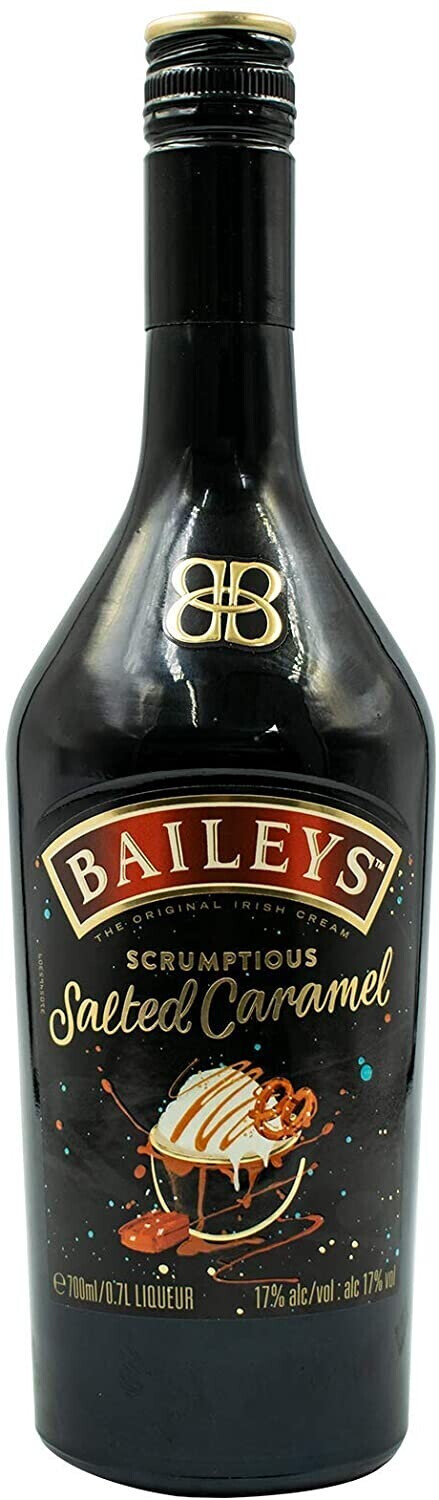 Baileys Salted Caramel Irish Cream Liqueur in a sleek black bottle with a gold cap, featuring a colorful label showcasing caramel drizzles and the brand logo.