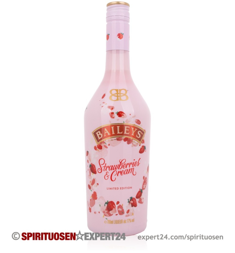 A pink bottle of Baileys Strawberries & Cream, featuring a glossy finish, adorned with red strawberry illustrations and the Baileys logo in gold.