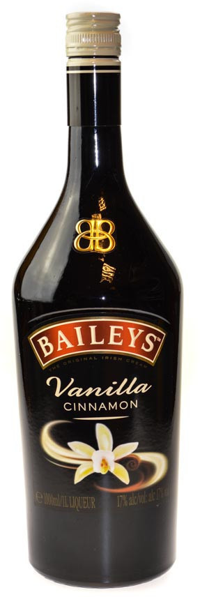 Baileys Vanilla Cinnamon Irish Cream Liqueur in a dark glass bottle, featuring a cream-colored label with a vanilla flower and gold accents, 1 L size, 17% alcohol by volume.