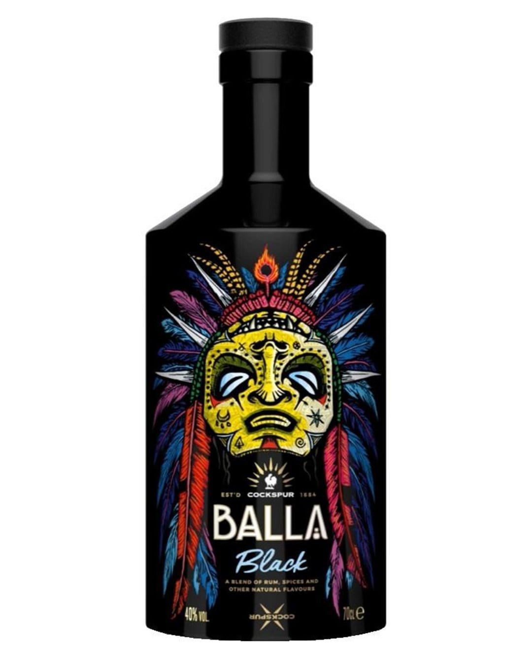 Balla Black Spiced Rum bottle features a black glass design adorned with a colorful tribal mask and feathers, showcasing vibrant colors against a dark background.