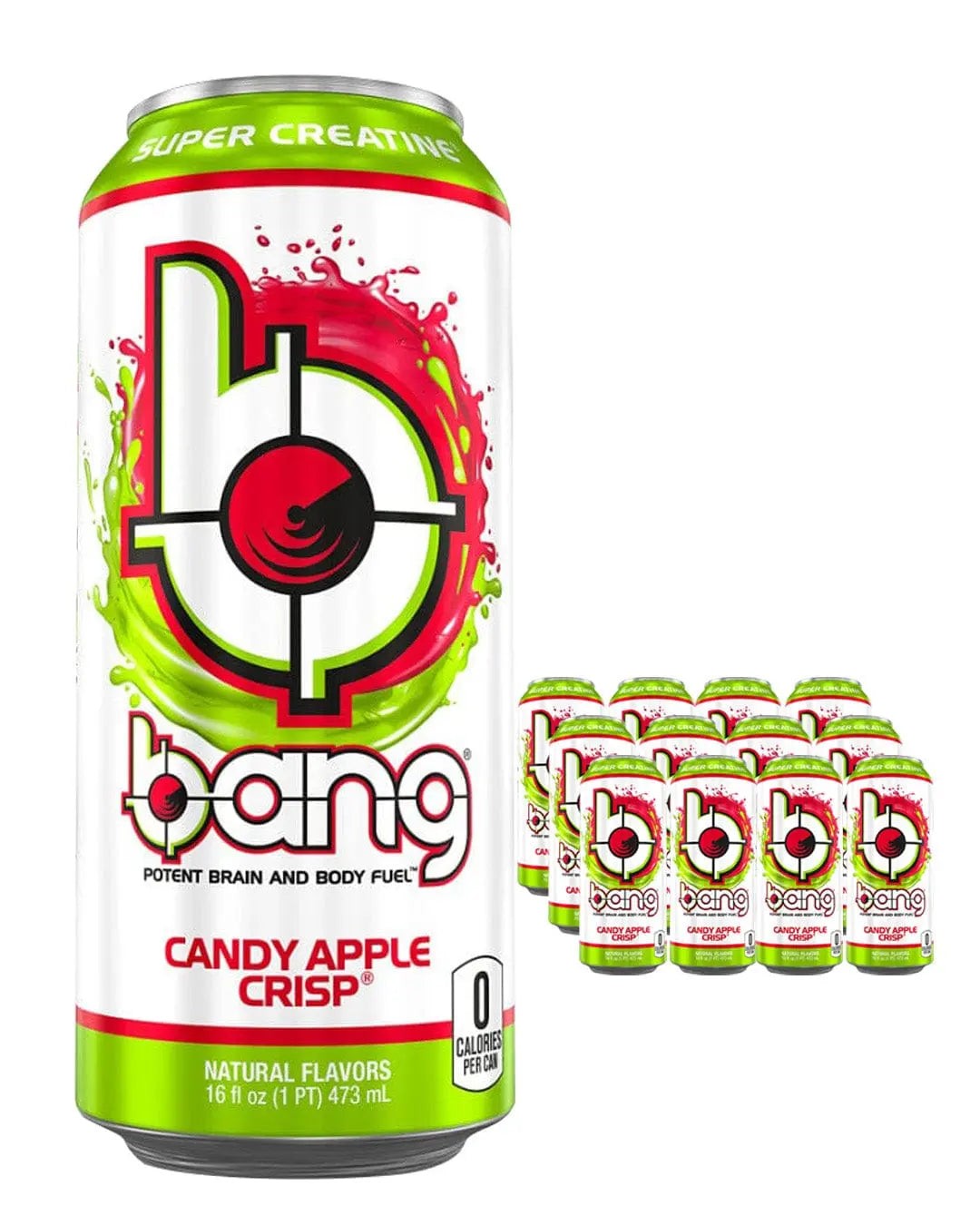 Bright green and red can featuring the Bang Energy logo, labeled "Candy Apple Crisp," with a multipack of 12 cans, each 500 ml, showcasing vibrant colors and a sleek design.