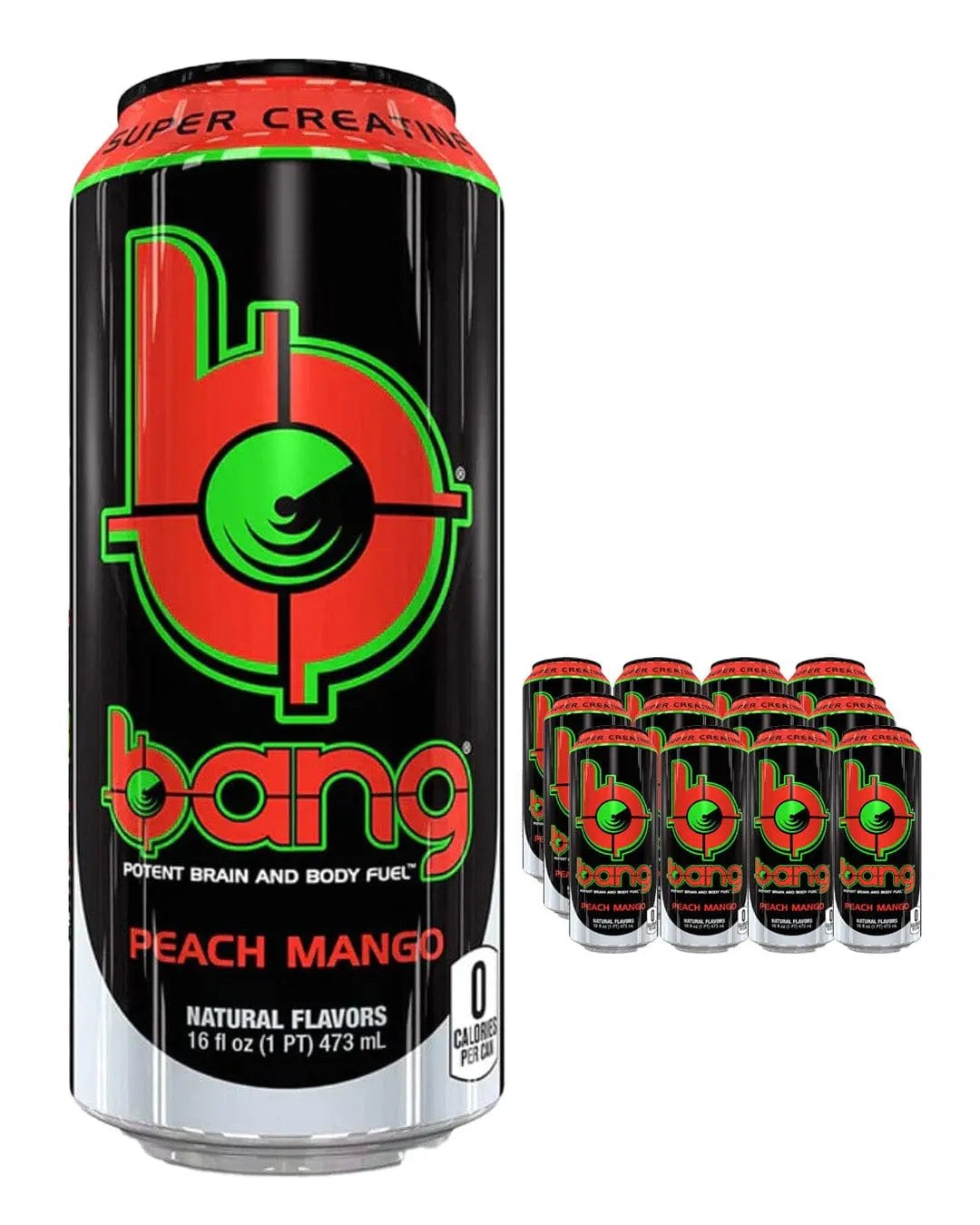Twelve cans of Bang Peach Mango Energy Drink, featuring a black background with vibrant green and red accents, prominently displaying the logo and flavor name.