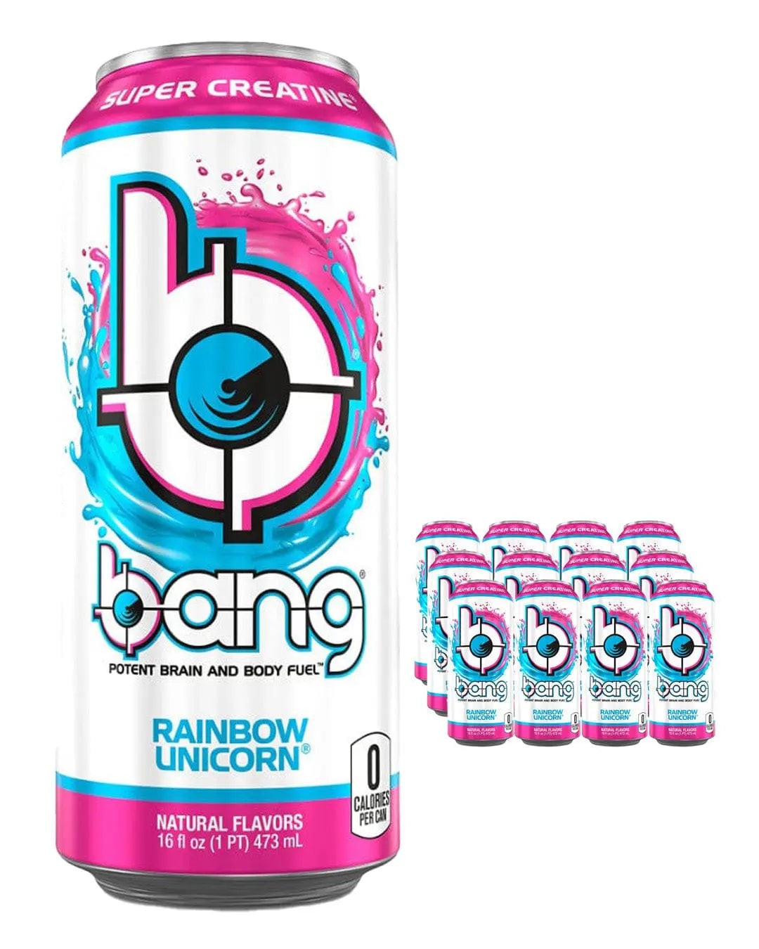 Brightly colored cans of Bang Rainbow Unicorn Energy Drink, featuring a pink and blue design with the Bang logo, arranged in a 12-pack, each can holds 16 fl oz.
