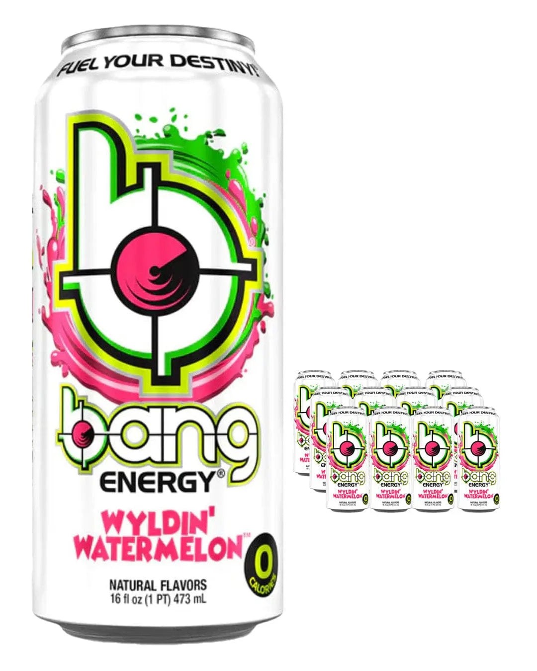Brightly colored cans of Bang Wlydin Watermelon Energy Drink, featuring a bold logo, vibrant pink and green accents, arranged in a 12-pack with each can labeled 16 fl oz.