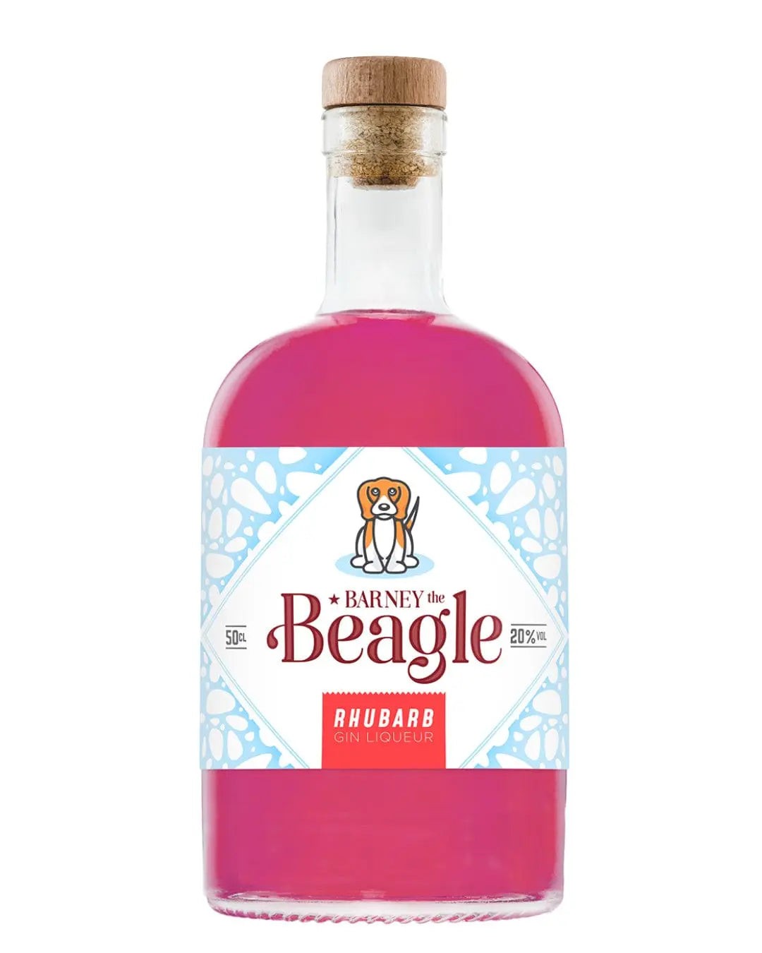 Clear glass bottle with a cork stopper, featuring a vibrant pink rhubarb gin liqueur, labeled with "Barney the Beagle" and decorative blue accents.