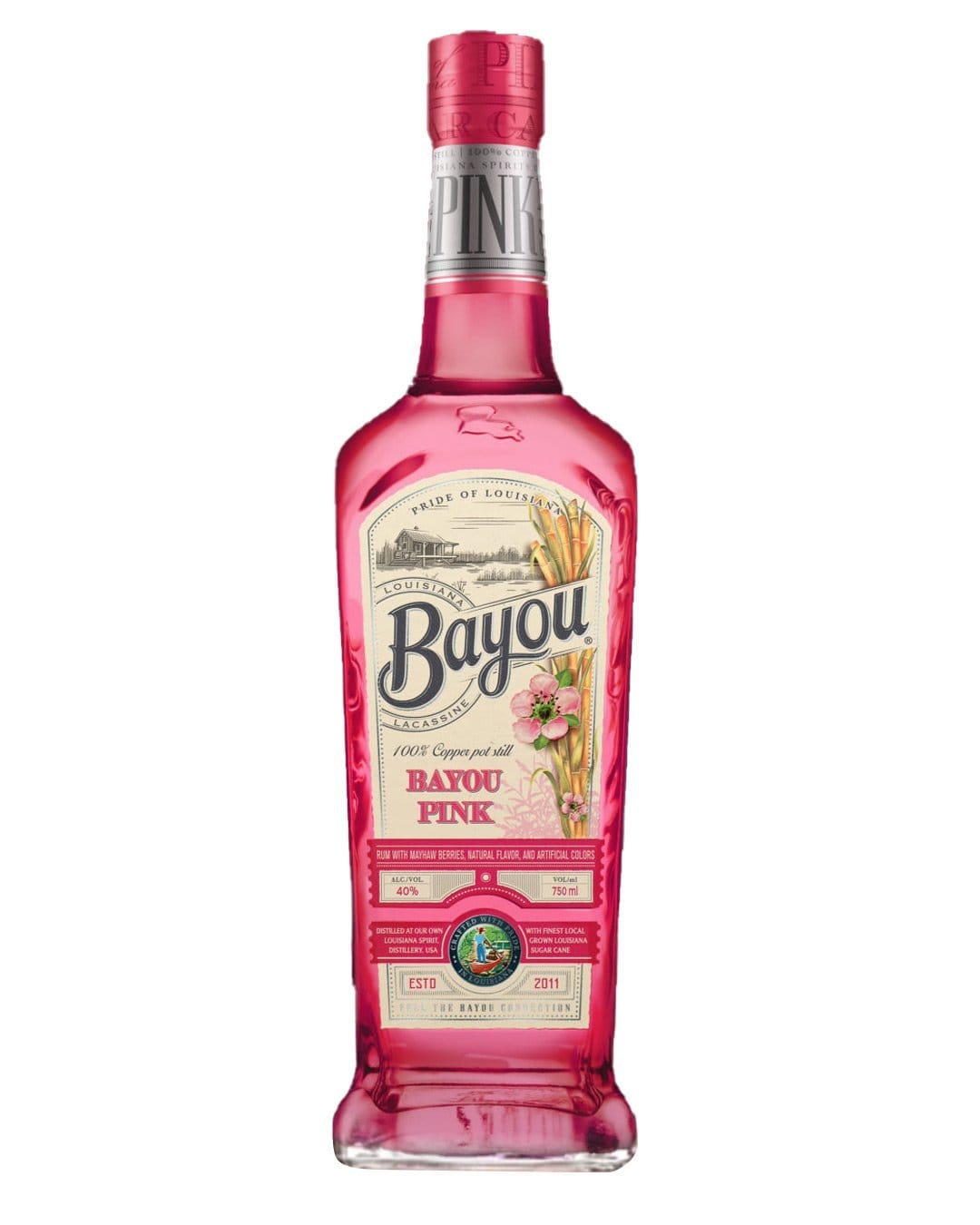 Clear glass bottle of Bayou Pink Rum, featuring a vibrant pink liquid, decorative label with floral elements, and a pink cap, showcasing its 70 cl size.