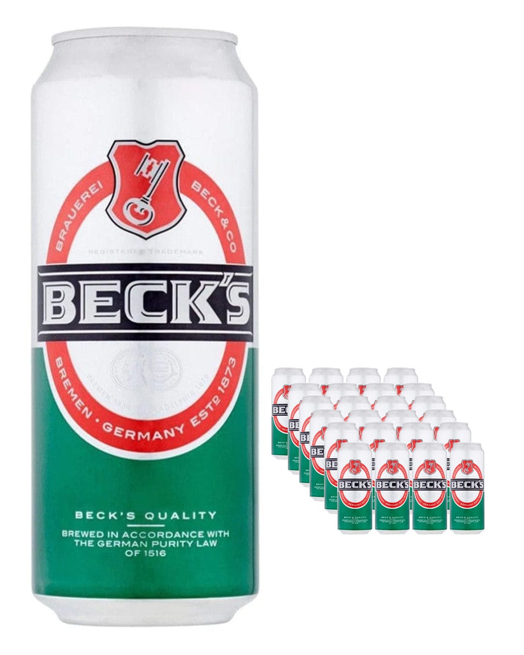 24-pack of Beck's Lager cans, each 440 ml, featuring a green and white design with the Beck's logo and red accents, arranged neatly with one can displayed prominently.