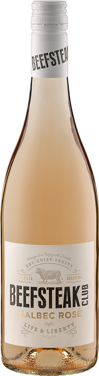 A clear glass bottle of Beefsteak Club Malbec Rosé wine, featuring a pale pink liquid, a silver screw cap, and a white label with bold black text and decorative elements.