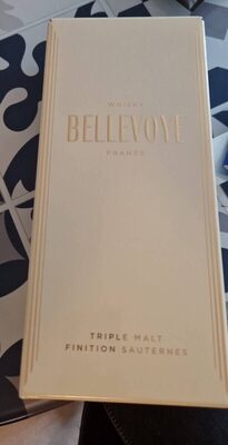 Elegant white box with gold embossed text reading "BELLEVoye" and "TRIPLE MALT FINITION SAUTERNES," featuring a sleek design and minimalistic style.