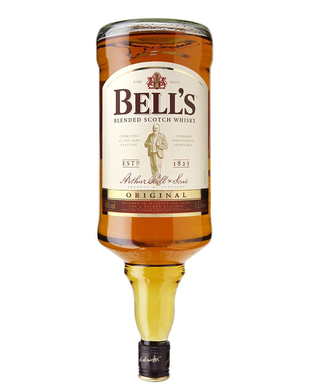 Bell's Original Whisky in a clear glass bottle, featuring a gold and cream label with red accents, holding 1.5 liters of amber-colored scotch.