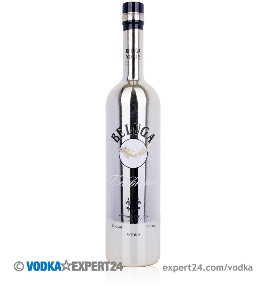 Sleek silver bottle of Beluga Celebration Vodka, 70 Cl, featuring a black logo and elegant design, with a long neck and a shiny finish.