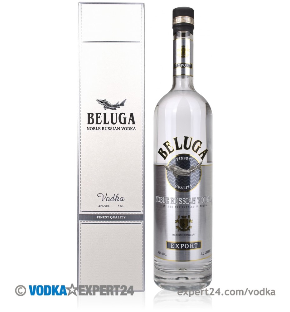 Clear glass bottle of Beluga Noble Russian Vodka, 1.5 L, featuring a silver label with black text, accompanied by a sleek white box with the brand name and logo.