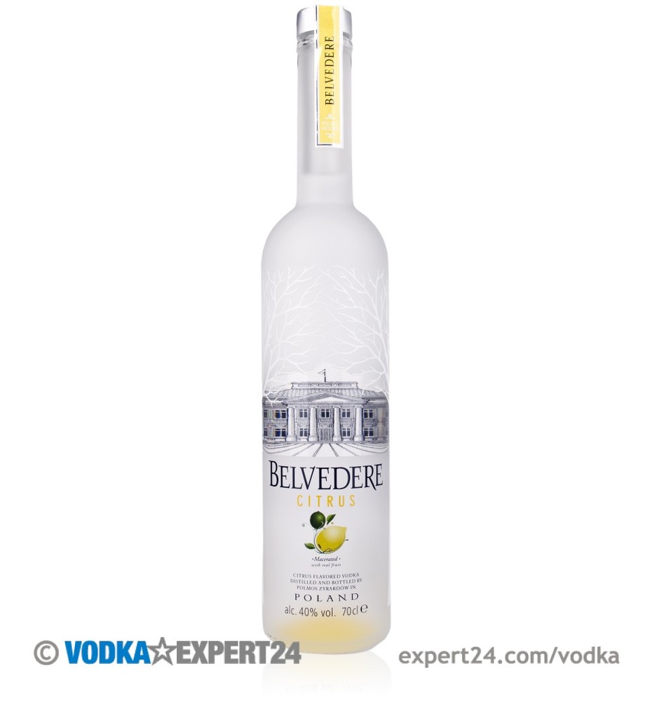 Clear glass bottle with a frosted finish, featuring a white tree design, labeled "Belvedere Citrus" with a lemon graphic, containing 70 cl of vodka at 40% ABV.