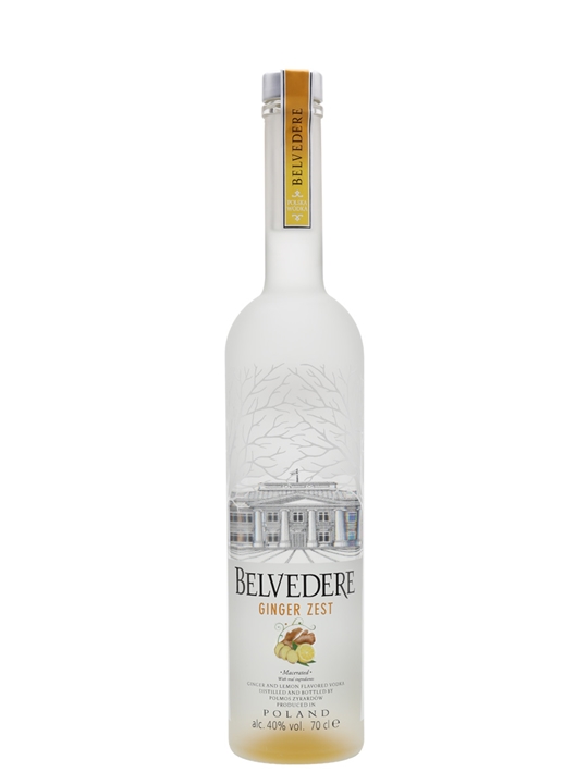 Clear glass bottle of Belvedere Ginger Zest Vodka, featuring a white frosted finish, detailed label with a ginger illustration, and a silver cap with a gold accent.