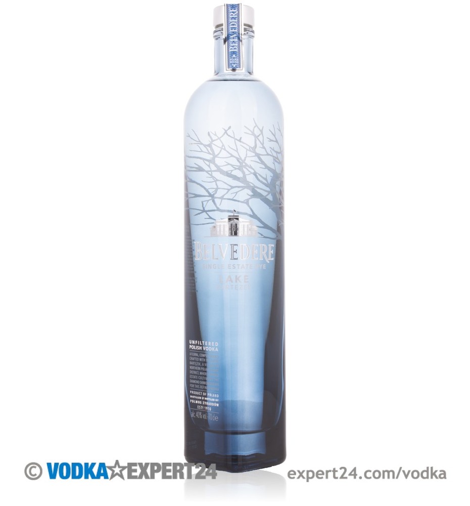 Clear glass bottle of Belvedere Single Estate Rye Lake Bartezek, featuring a frosted blue design with tree silhouettes and a silver cap, labeled prominently in silver lettering.