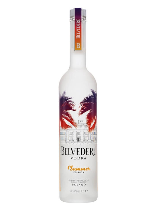 Clear glass bottle of Belvedere Summer Limited Edition Vodka, featuring a frosted finish, vibrant palm tree graphics, and a colorful cap, labeled with "Summer Edition" and "Poland."