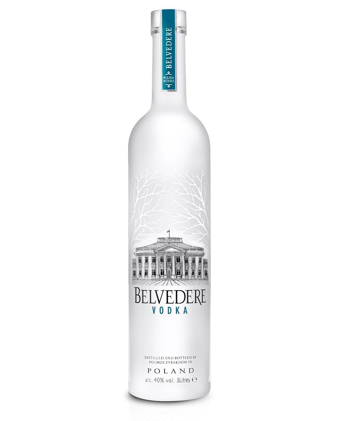 Clear, tall 3 L Jeroboam bottle of Belvedere Vodka featuring a white label with a silver illustration of a palace and trees, topped with a light blue neck label.