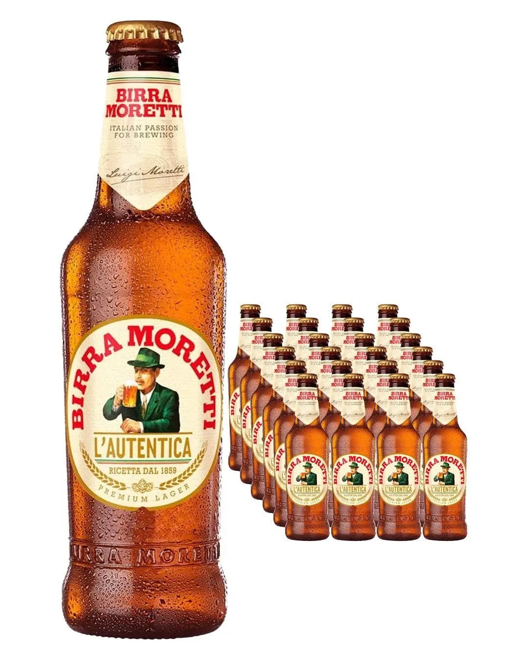 A multipack of 24 Birra Moretti premium beer bottles, each 330 ml, featuring a distinctive label with a man in a hat and a red and gold color scheme.