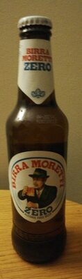 Brown glass bottle of Birra Moretti Zero alcohol-free beer, featuring a white label with red and blue text, and an illustration of a man holding a beer mug.