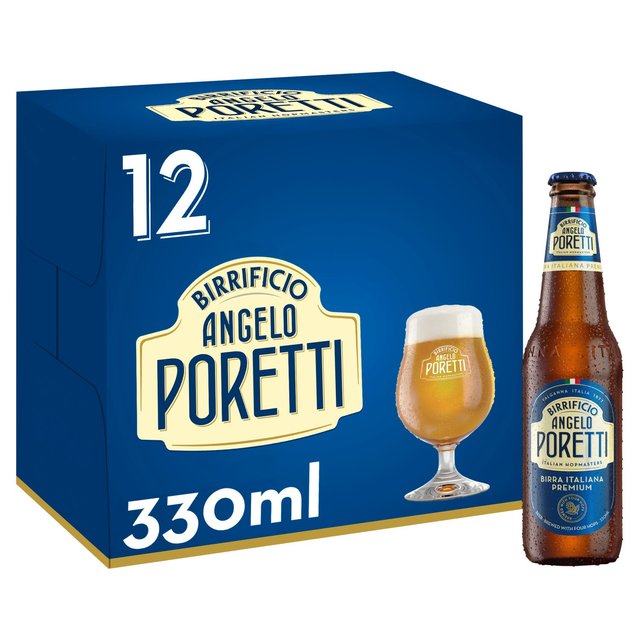 Blue multipack box labeled "Birrificio Angelo Poretti" with 12 x 330ml bottles, featuring a glass of lager and a bottle with a gold label and blue accents.