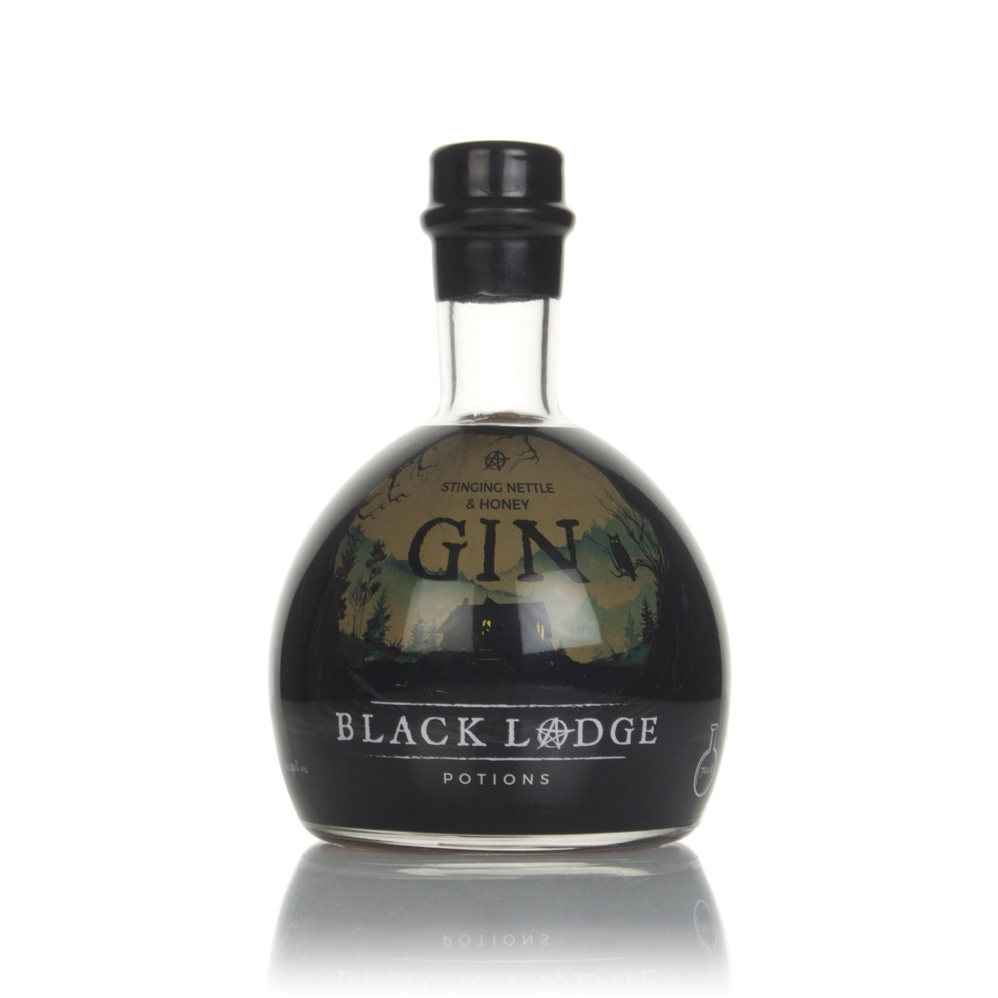 Clear glass bottle with a rounded base, featuring a black label with white text reading "BLACK LODGE POTIONS" and "Stinging Nettle & Honey Gin," 70 Cl, with a black cap.