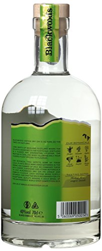 Clear glass bottle of Blackwoods Vintage Dry Gin with a green label, featuring a minimalist design and a cork stopper, containing 70 cl of gin.