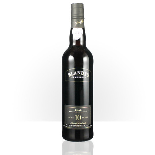 Blandy’s Madeira 10 Year Old Bual bottle with a dark glass body, silver cap, and a black label featuring gold text, showcasing the age and type of wine.