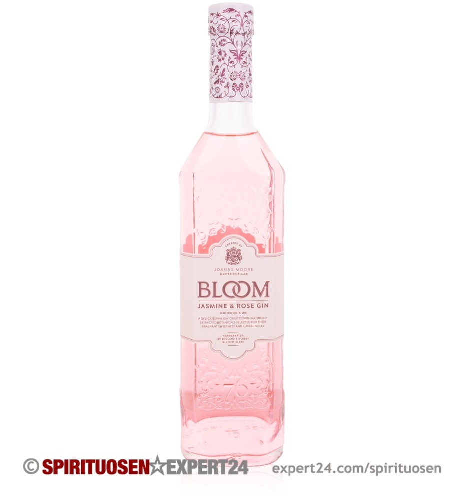 Clear glass bottle of Bloom Jasmine & Rose Pink Gin, featuring a pink liquid, ornate floral design, and a decorative white label with the brand name in elegant font.